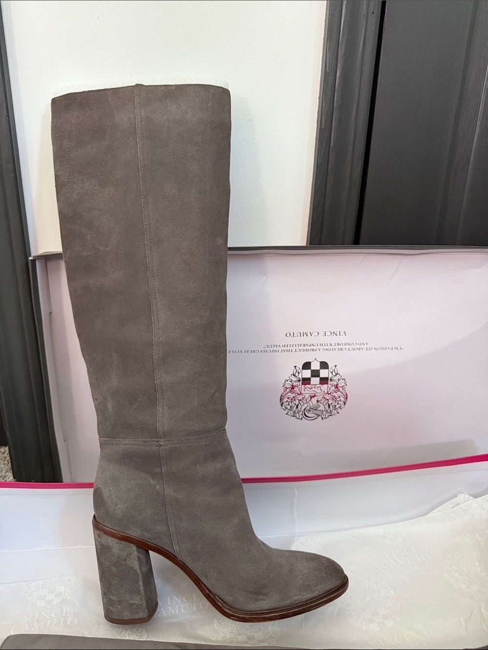 Vince Camuto Taupe Suede Knee Block Heel Boots - Dameera